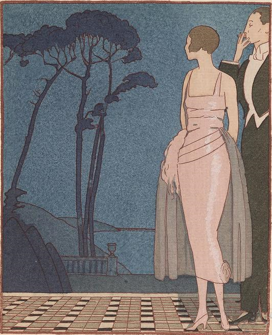 line drawing of woman with short brown hair wearing a fitted pink satin evening gown with greyish overskirt and puff of ostrich feathers at the hip, standing next to a smoking man in full evening dress, staring out into a darkened garden from a lighted patio